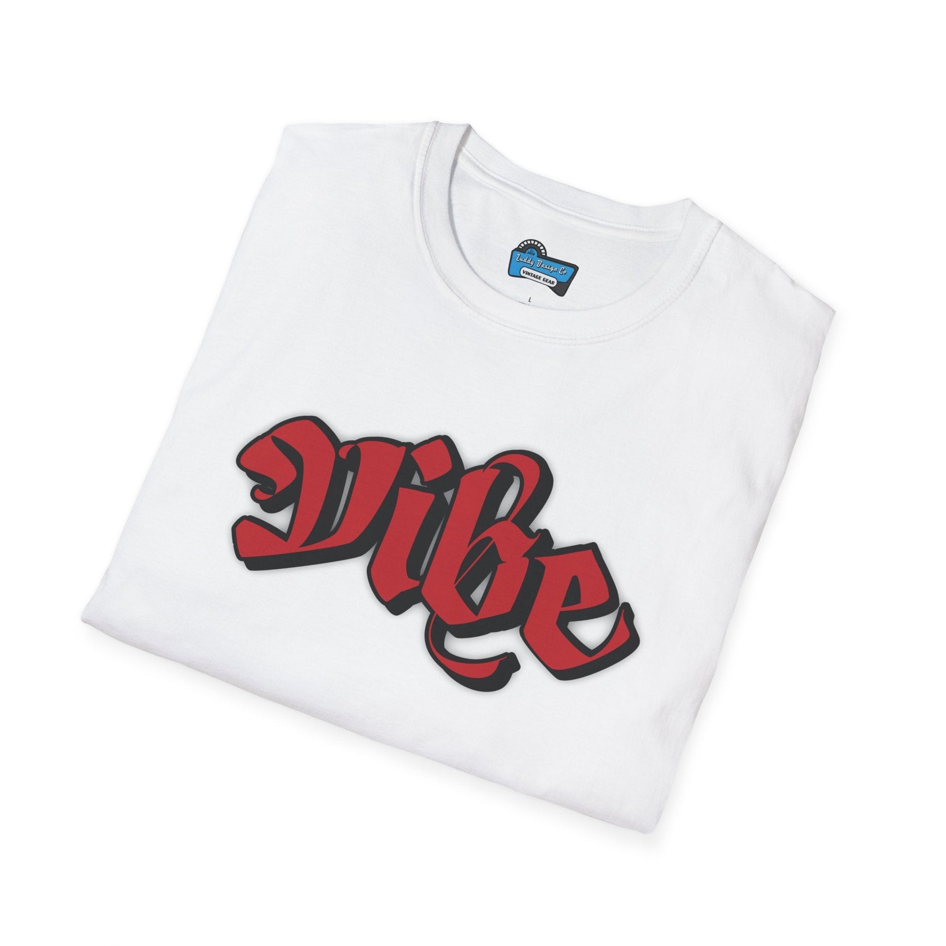 Folded white Retro Vibe Unisex softstyle t-shirt with bold red and black graphic text on front