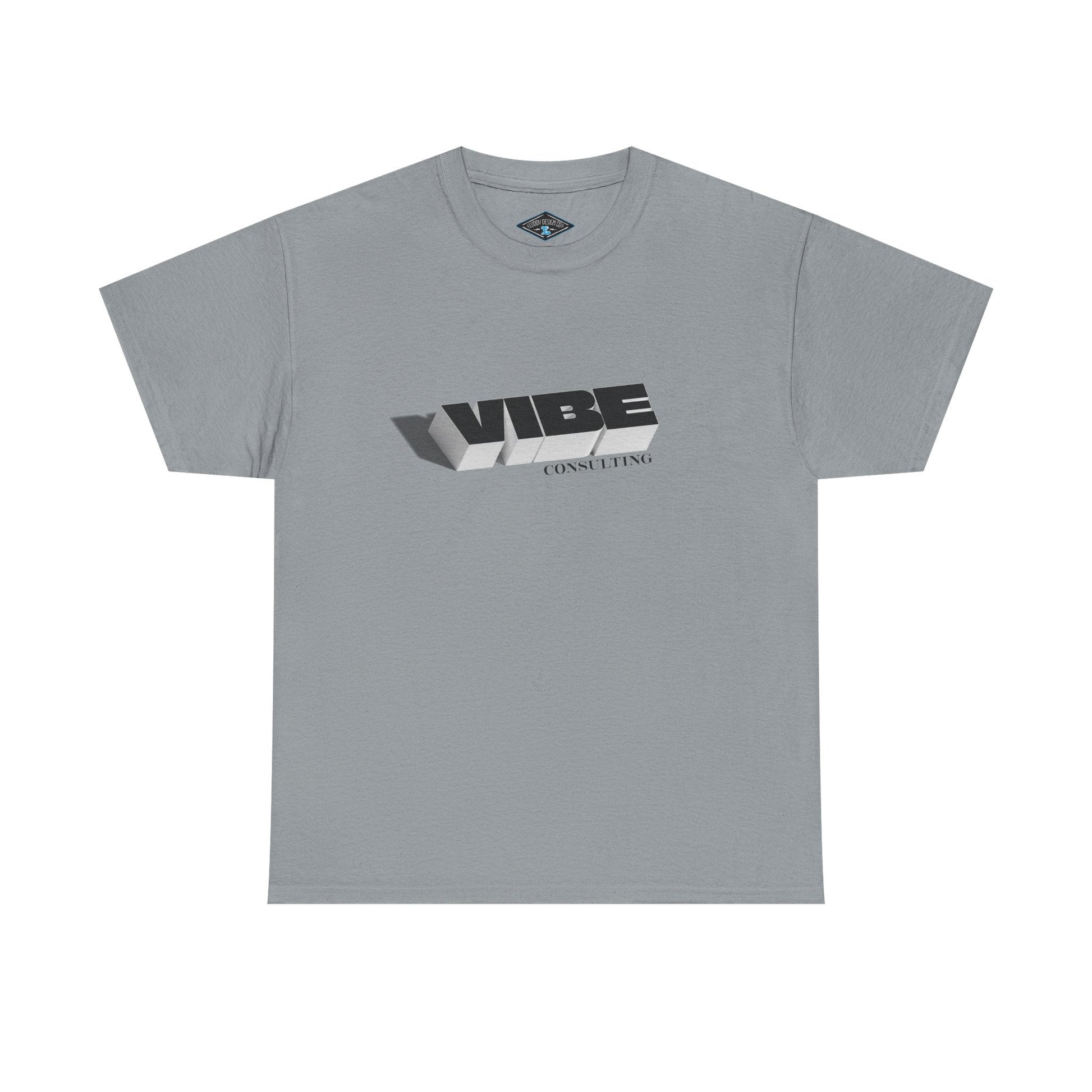 Gray Vibe Consulting T-shirt with bold black and white logo, classic fit, and ribbed collar for casual style