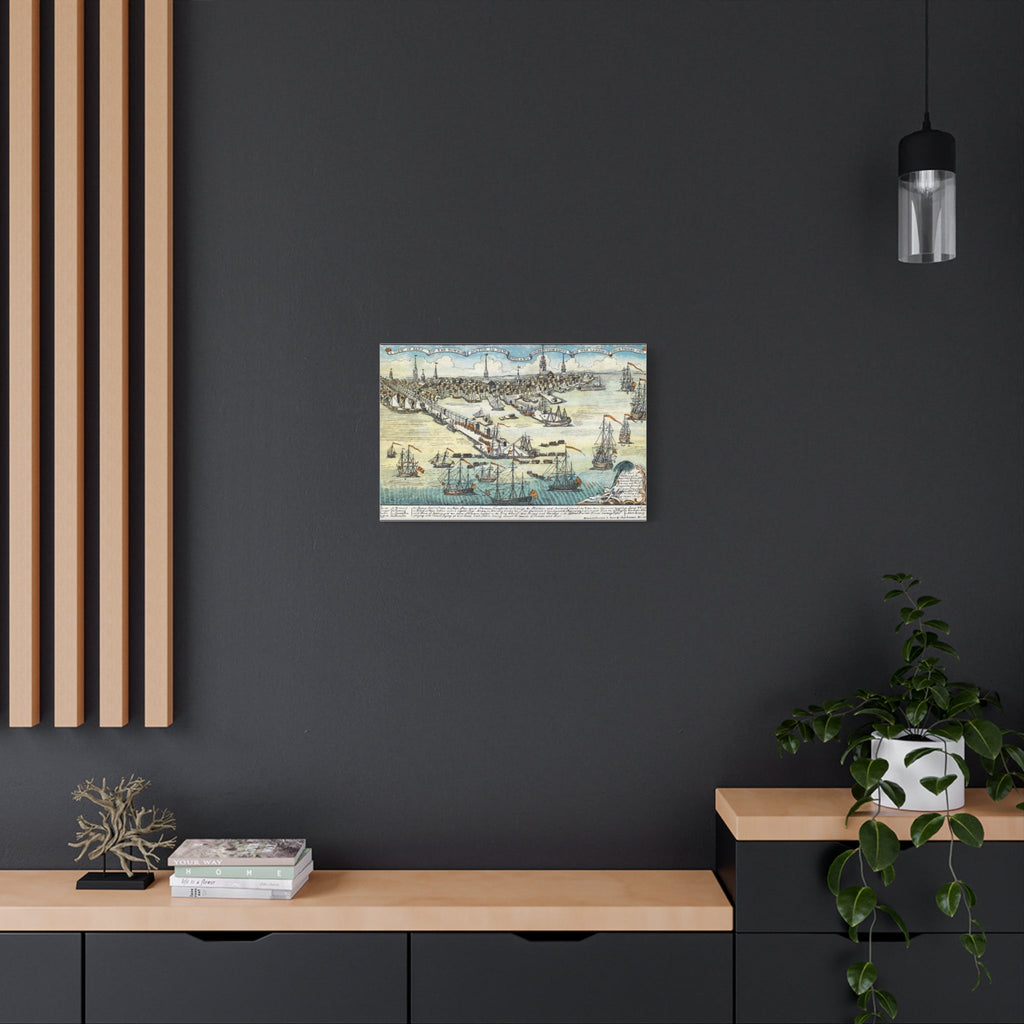 Vintage nautical wall art canvas print of sailing ships and map on dark wall in modern room