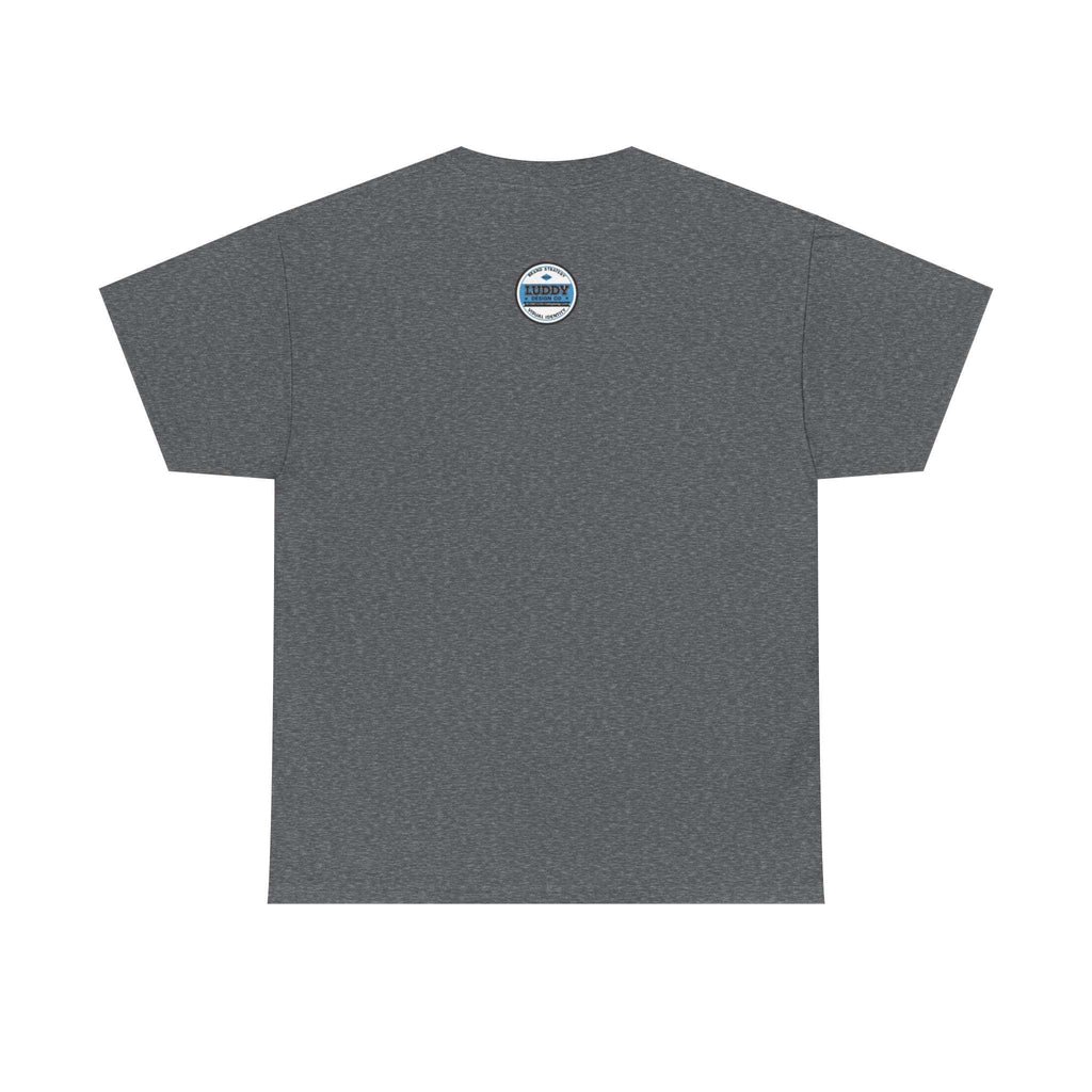 Back view of a grey unisex T-shirt with satire of adidas-addicted design, made from 100% US cotton, seamless knit, and ribbed collar.