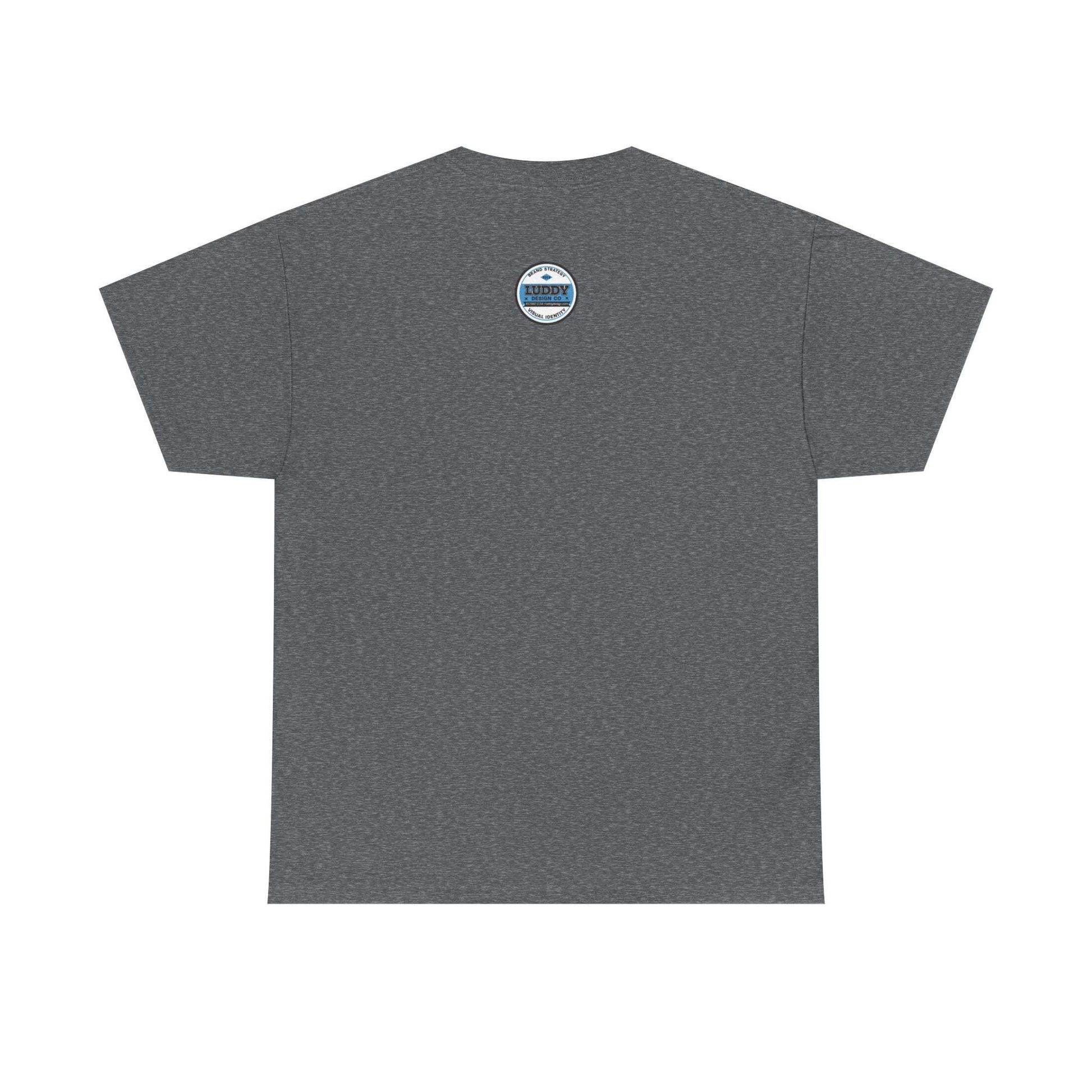 Back view of a grey unisex T-shirt with satire of adidas-addicted design, made from 100% US cotton, seamless knit, and ribbed collar.