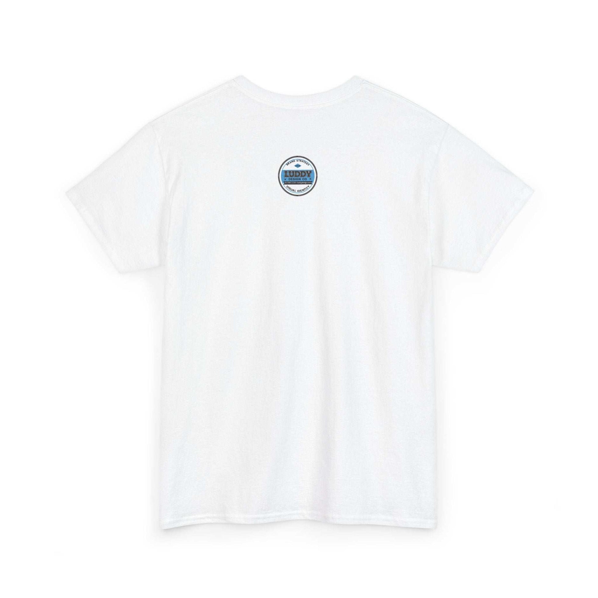White unisex T-shirt with small circular satire of Adidas-addicted logo on the back, made from 100% US cotton and designed for casual wear.