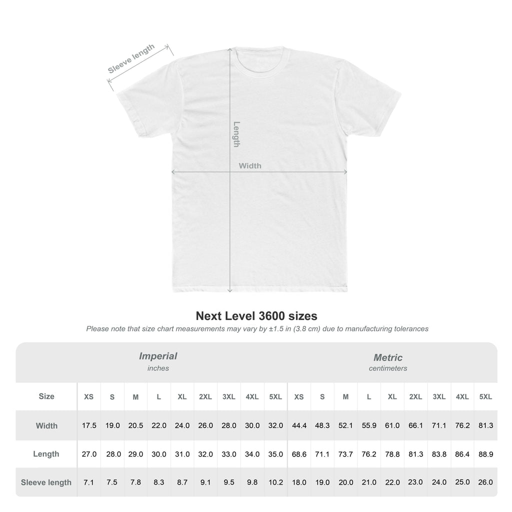 White cotton tee shirt flat lay with size chart showing dimensions in inches and centimeters for Next Level 3600 series