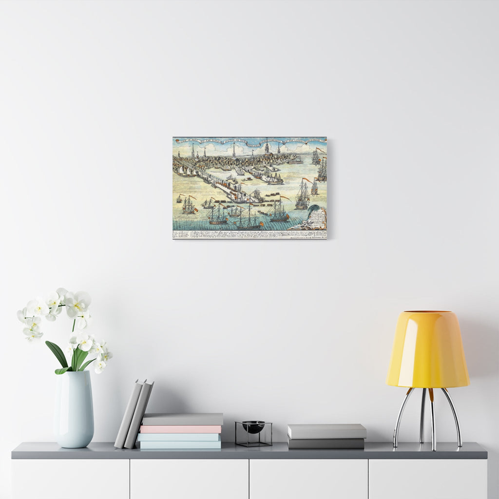 Nautical wall art canvas print featuring vintage sailing ships map in vibrant colors, displayed in modern interior setting with books, lamp, and vase.