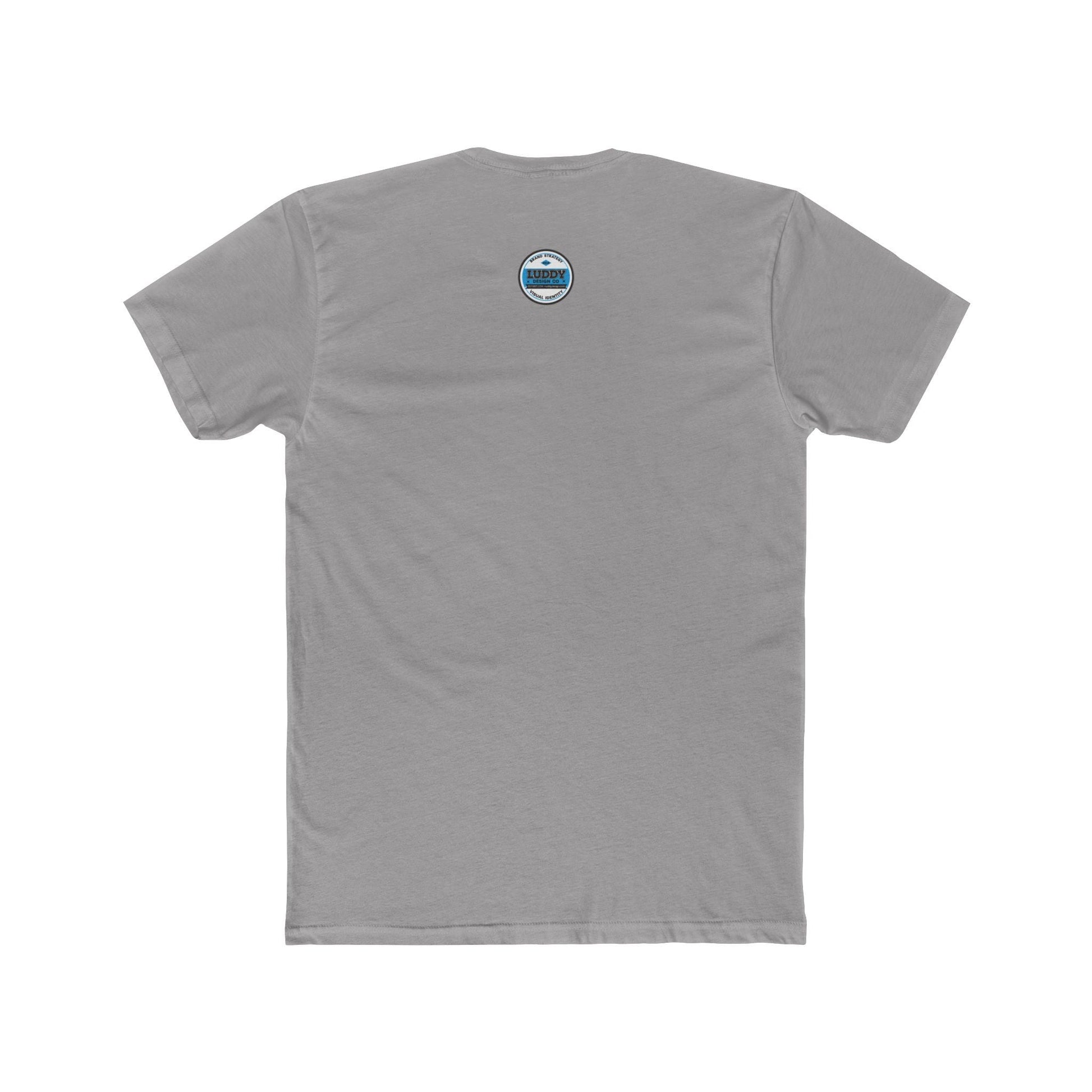 Gray cotton tee shirt featuring a small satire sprite logo on the back neck, made of 100% combed ring-spun cotton with ribbed collar and side seams for comfort and durability.