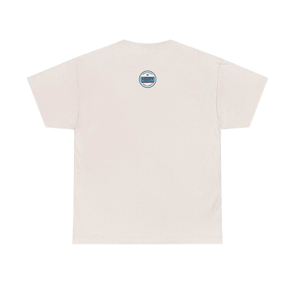 Unisex white T-shirt with small humorous satire of adidas-addicted logo on back, made from sustainable cotton