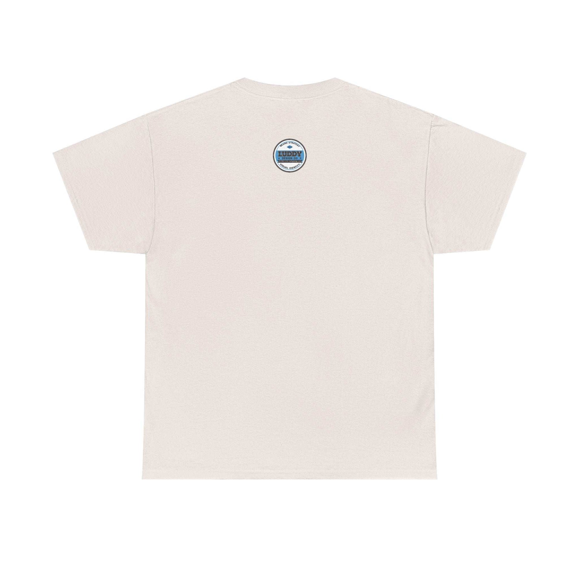 Unisex white T-shirt with small humorous satire of adidas-addicted logo on back, made from sustainable cotton