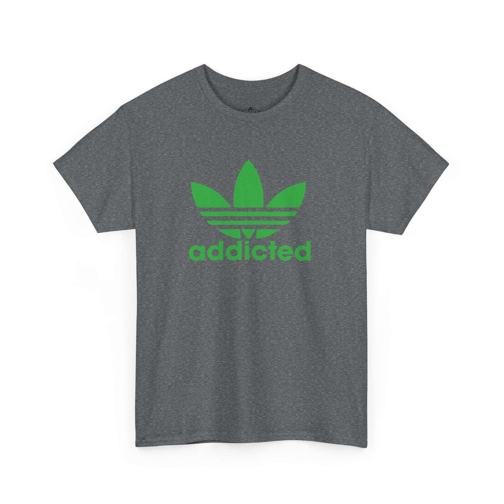 Grey unisex T-shirt with green satire of Adidas-addicted logo print