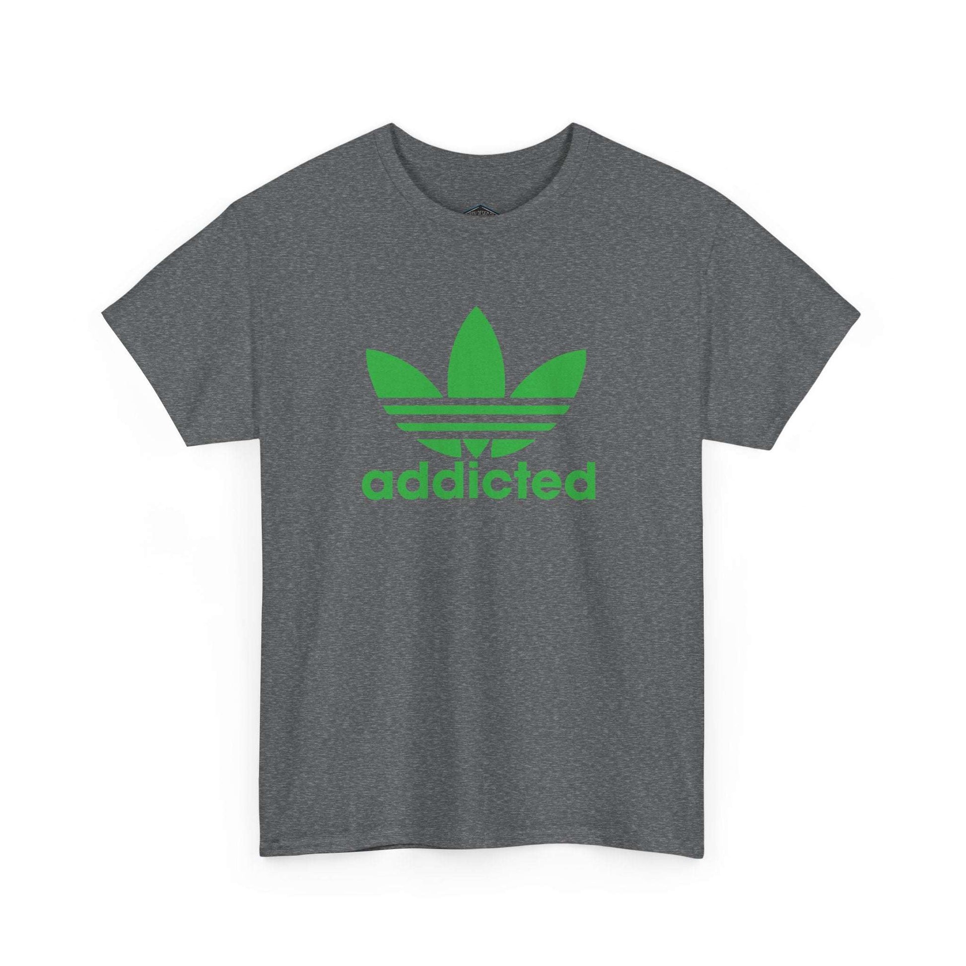 Grey unisex T-shirt with green satire of Adidas-addicted logo print