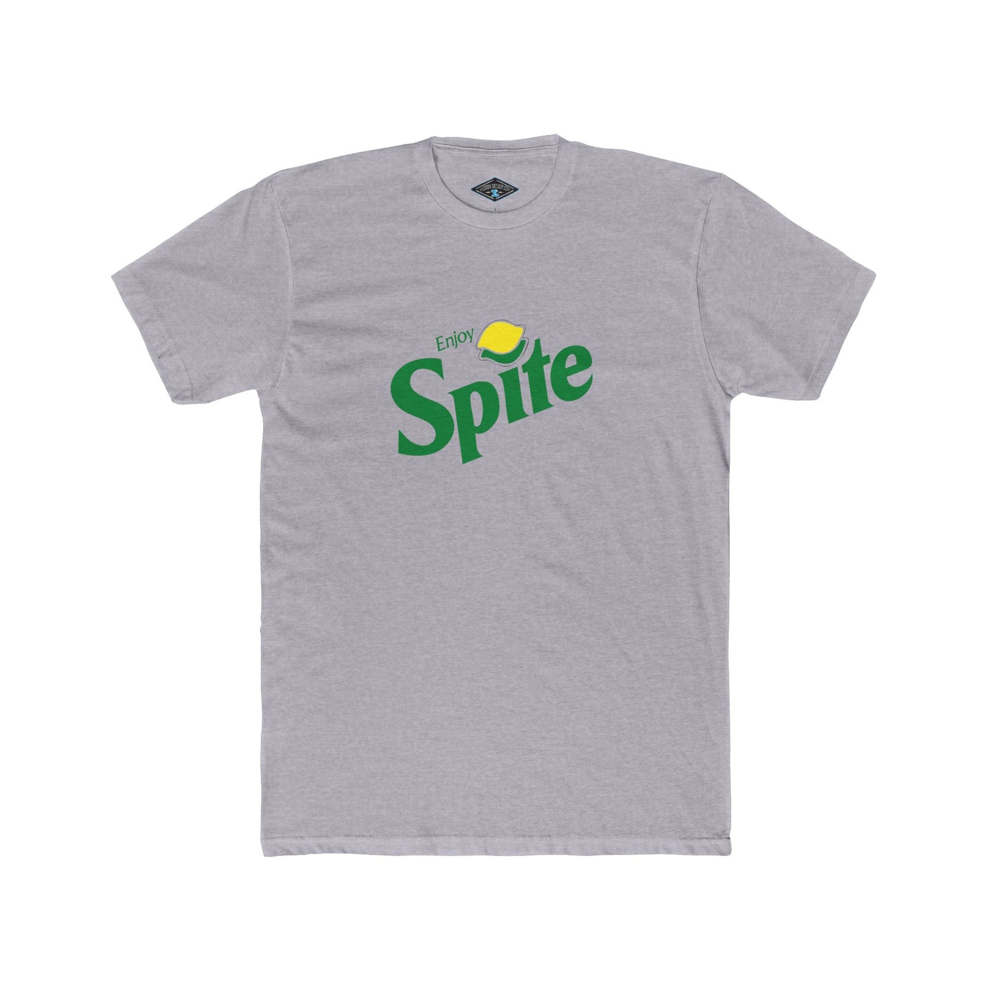 Gray cotton tee shirt with satire Spite logo and lemon graphic