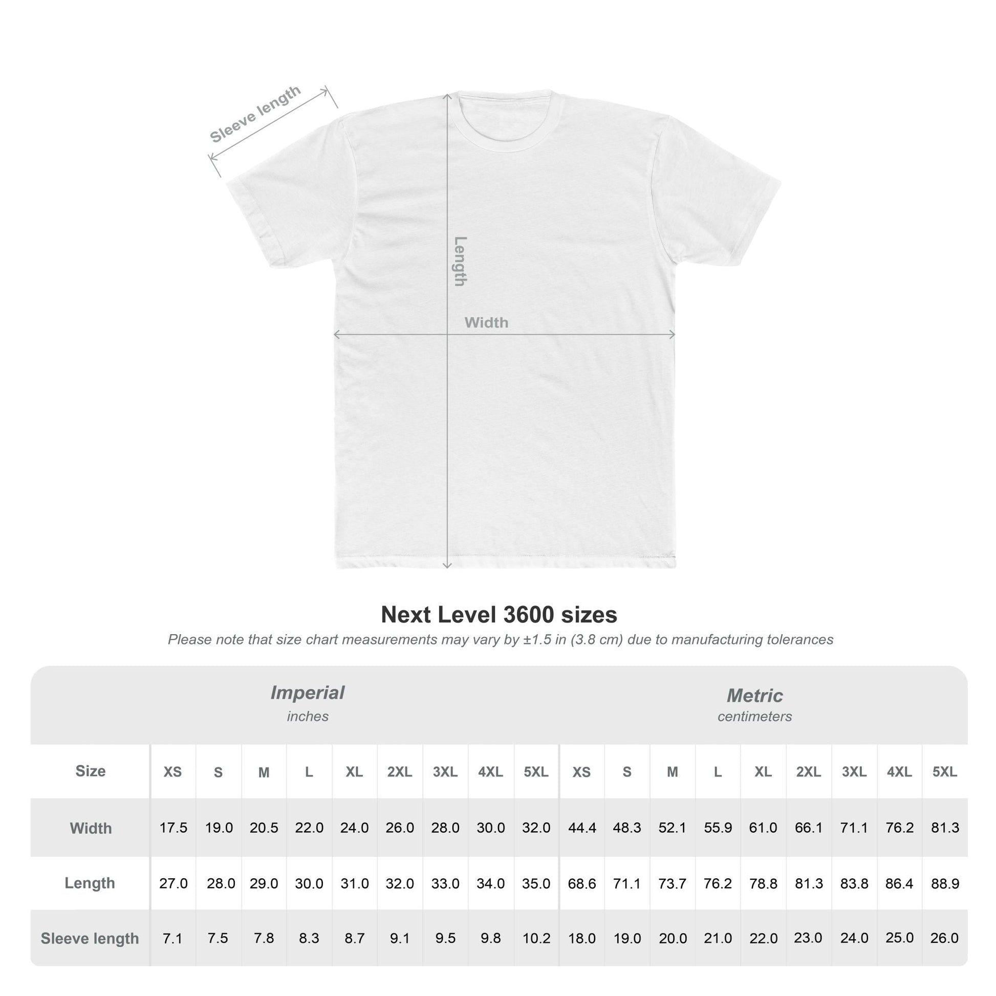 White cotton tee shirt with satire sprite logo design and size measurements chart