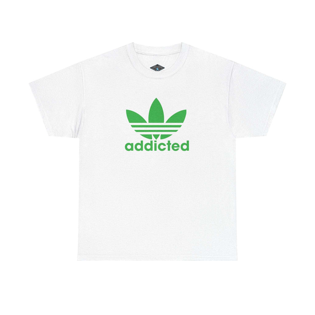 White unisex T-shirt with green satire of Adidas logo and "addicted" text design