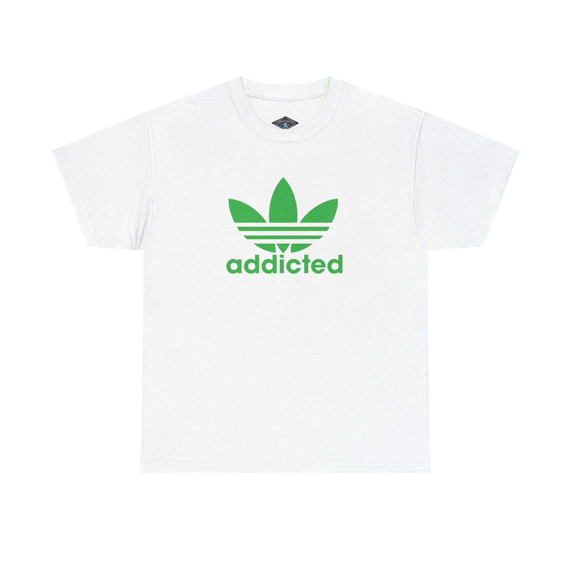 White unisex T-shirt with green satire of Adidas logo and "addicted" text design