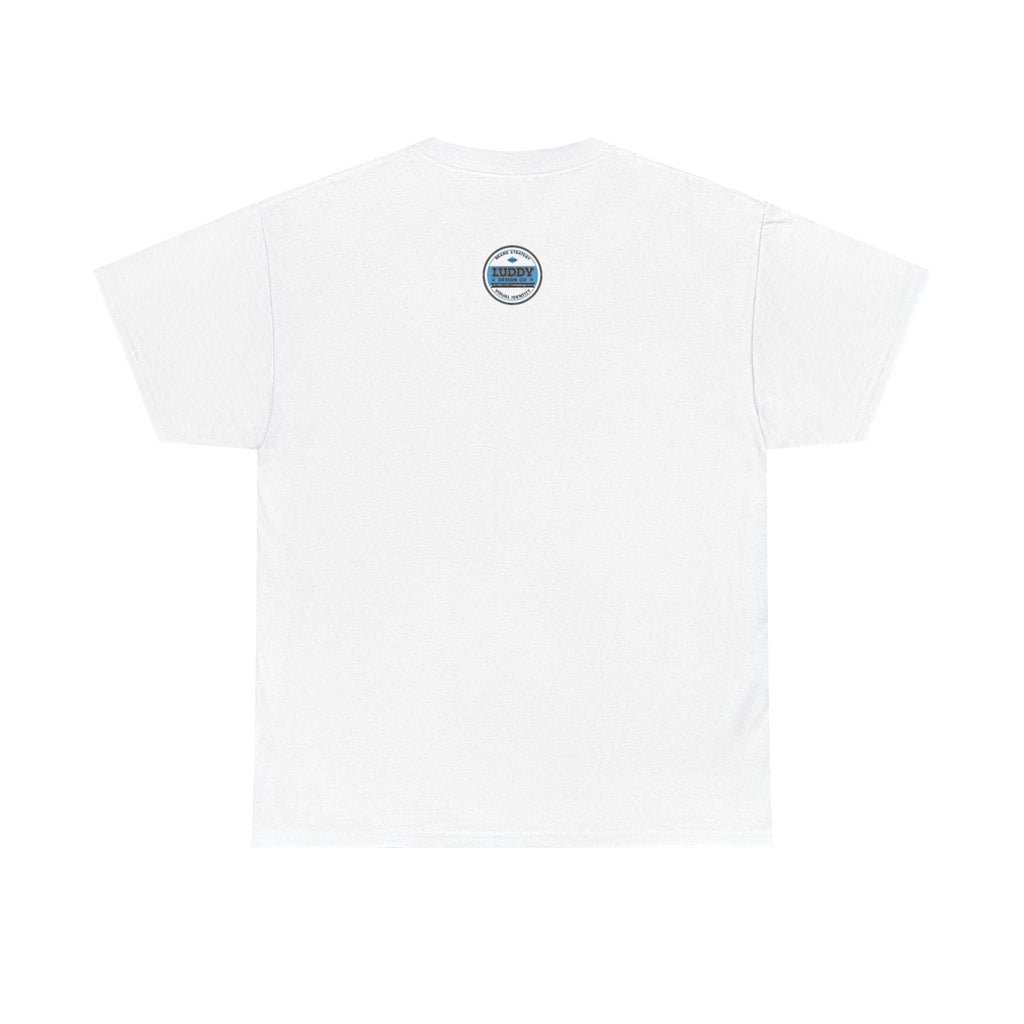 White unisex T-shirt with satire of Adidas-addicted logo on back collar, made from 100% US cotton