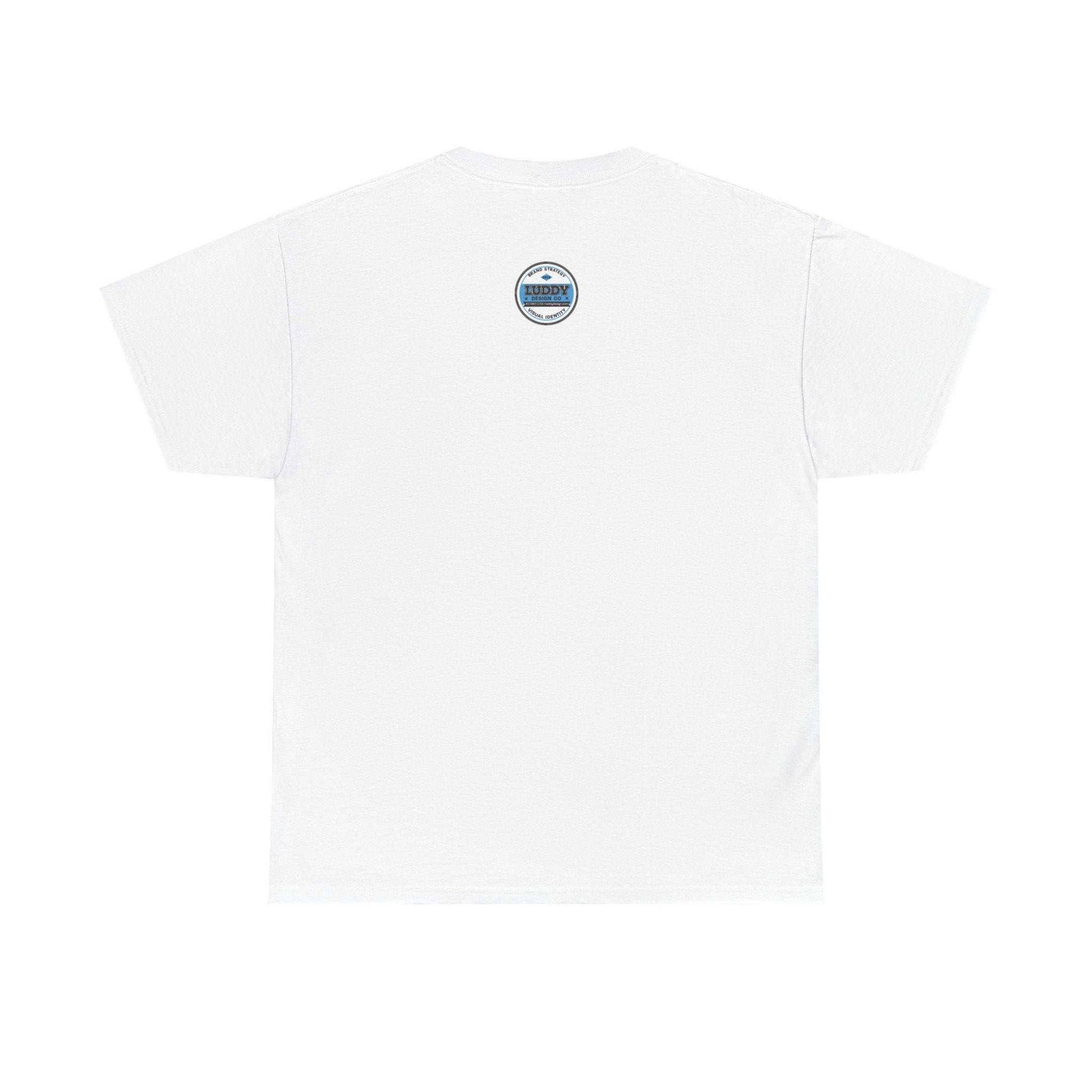 White unisex T-shirt with satire of Adidas-addicted logo on back collar, made from 100% US cotton
