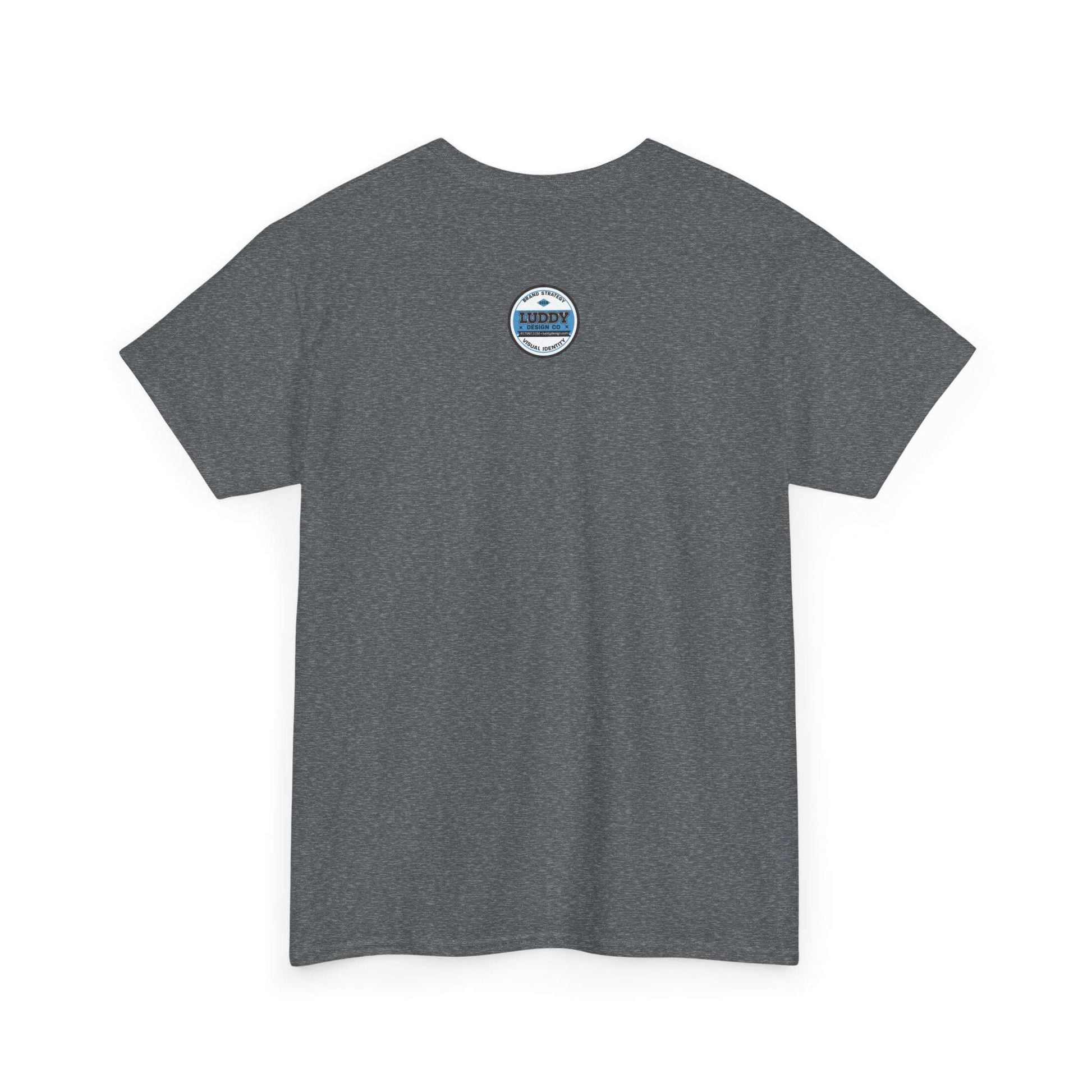 Back view of grey unisex satire Adidas-addicted themed T-shirt made from sustainable US cotton