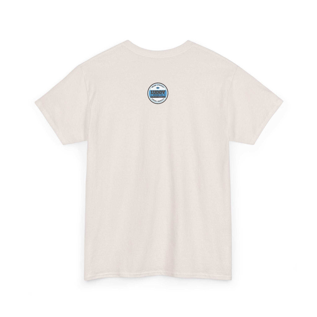 Unisex white T-shirt with small humorous satire of Adidas-addicted logo on back, made of 100% US cotton