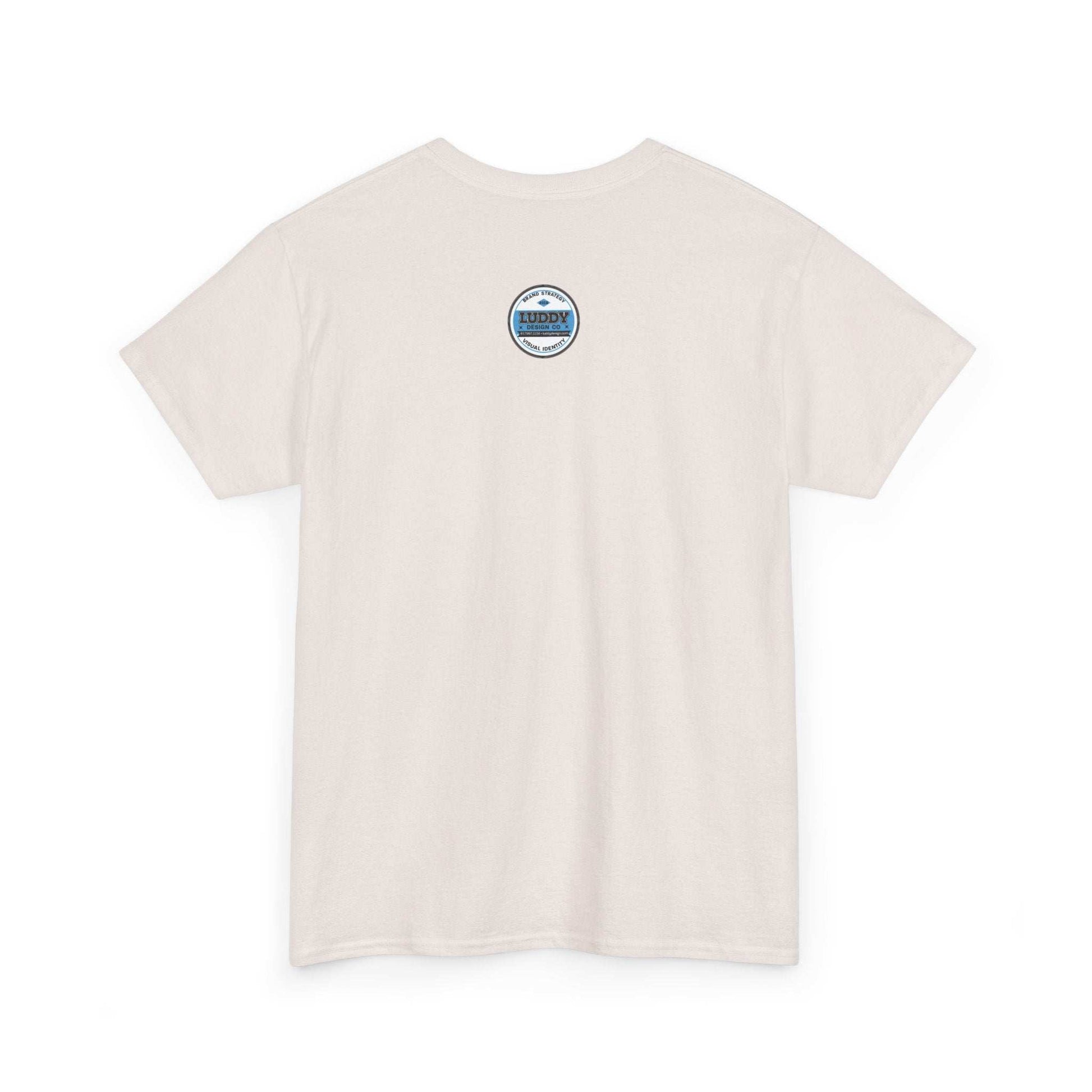 Unisex white T-shirt with small humorous satire of Adidas-addicted logo on back, made of 100% US cotton