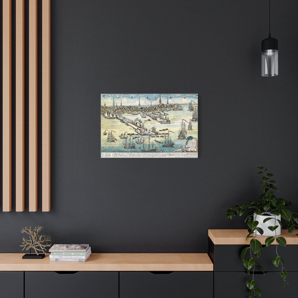 Vintage nautical wall art canvas print featuring sailing ships and historic map on matte surface in modern interior setting