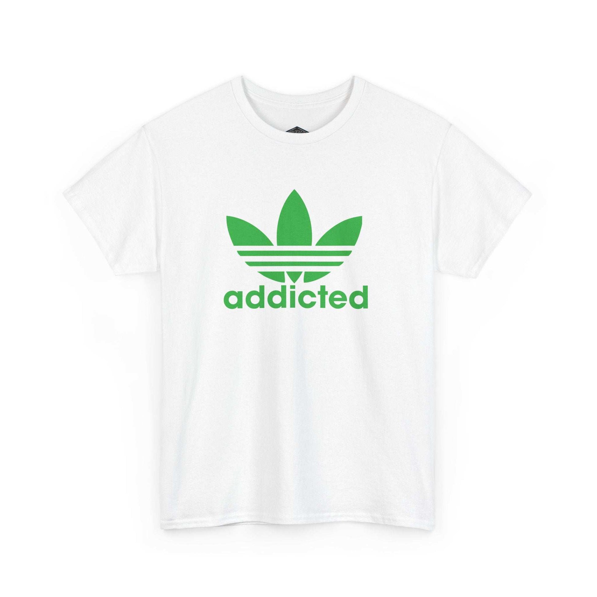 White unisex T-shirt with green satire of Adidas-addicted logo print, made from 100% US cotton.