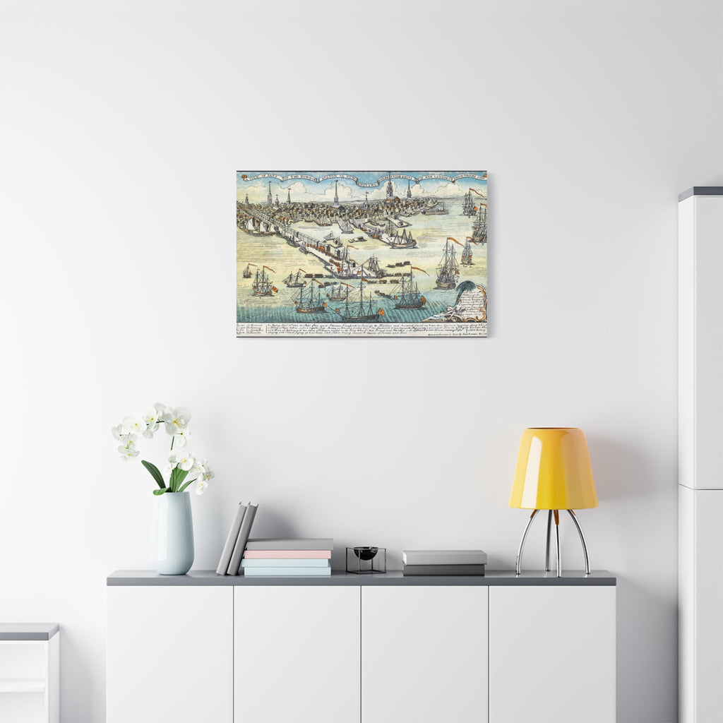 Vintage nautical wall art canvas print featuring sailing ships and an old map, displayed in a modern minimalist room.
