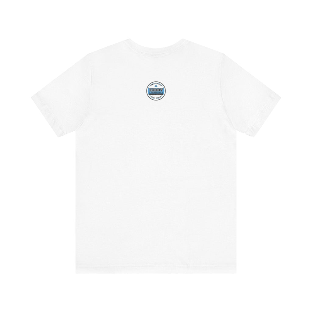 White unisex crew neck tee made from breathable cotton featuring a small back logo, Achtung Danger Skull design not visible from back view