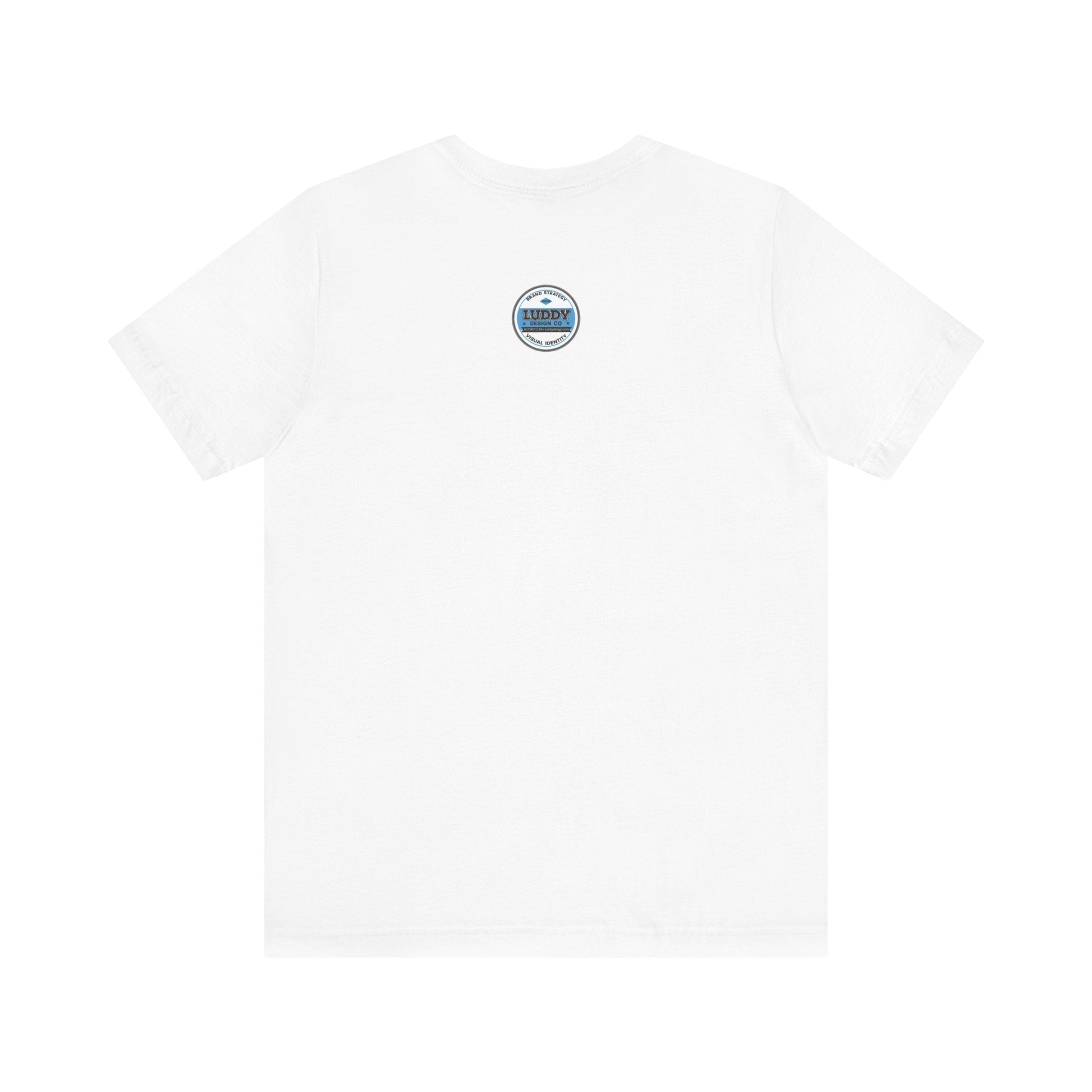White unisex crew neck tee made from breathable cotton featuring a small back logo, Achtung Danger Skull design not visible from back view