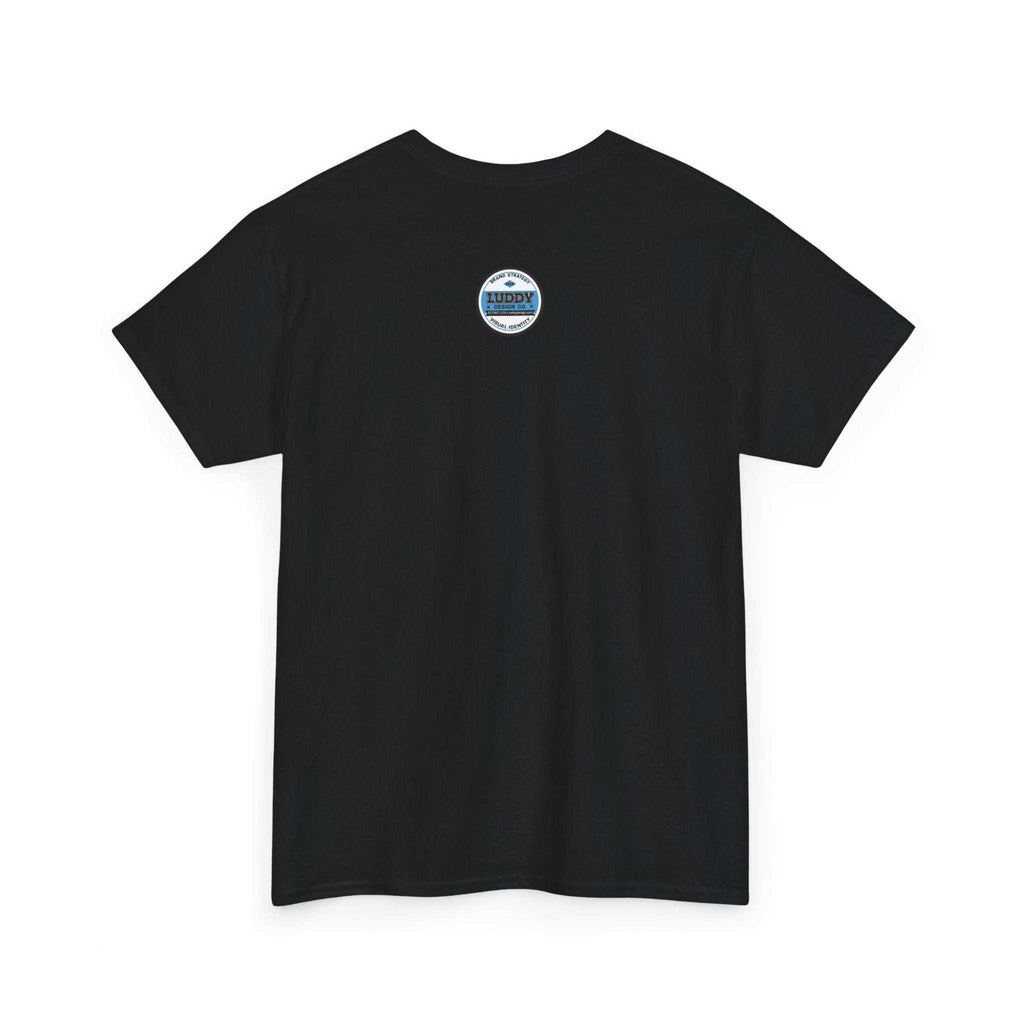 Black unisex T-shirt with small humorous satire print on back, made of 100% US cotton, casual and stylish design.