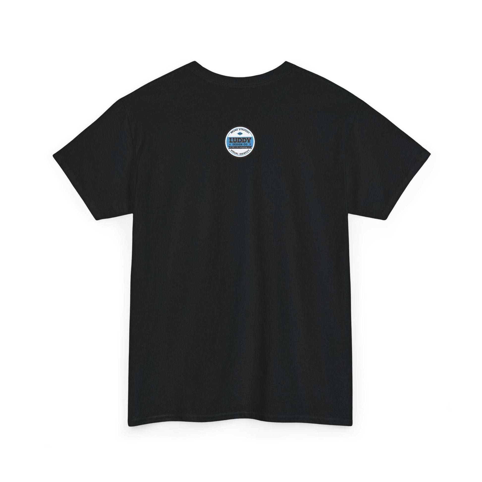 Black unisex T-shirt with small humorous satire print on back, made of 100% US cotton, casual and stylish design.