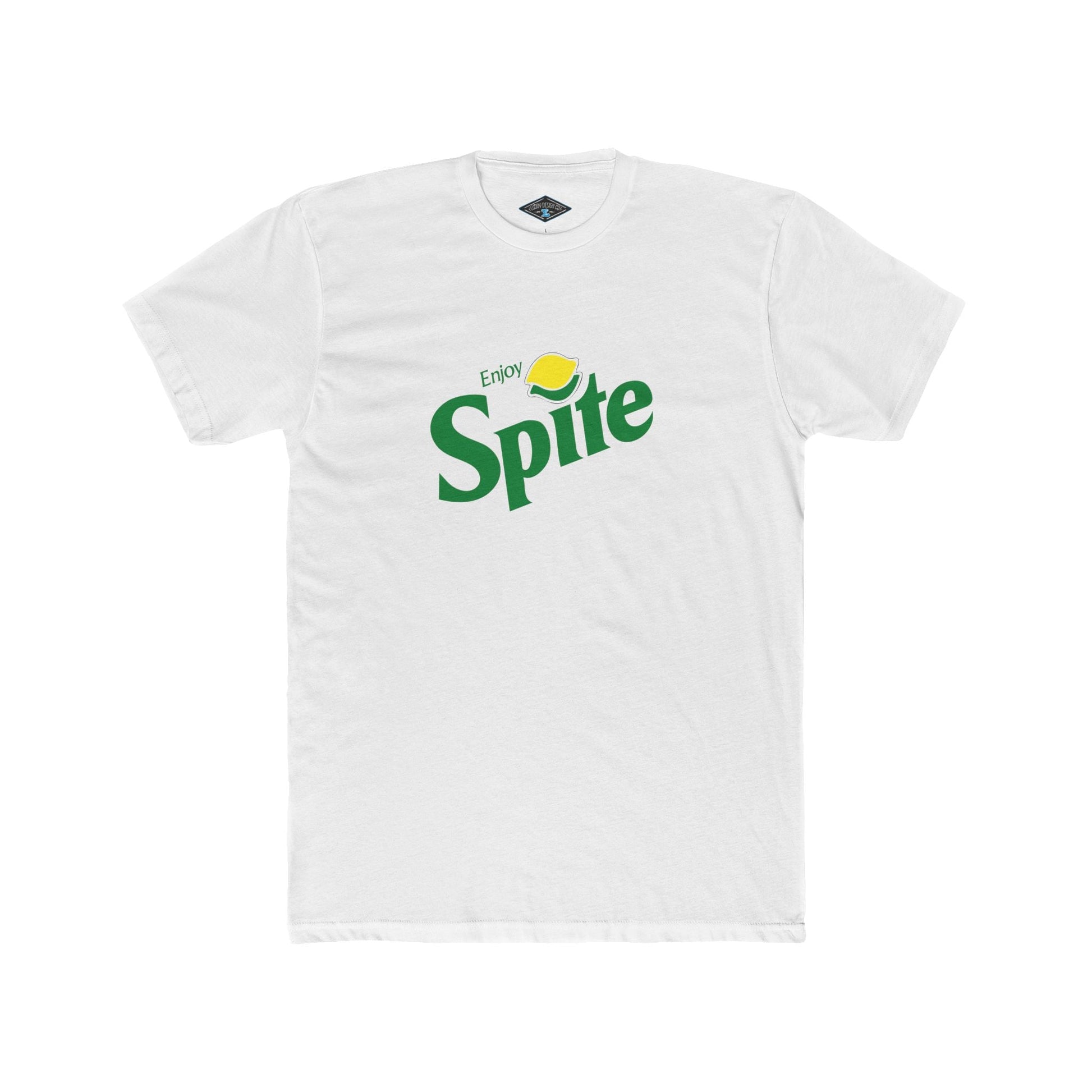 White cotton tee shirt with playful Satire Sprite logo design on front