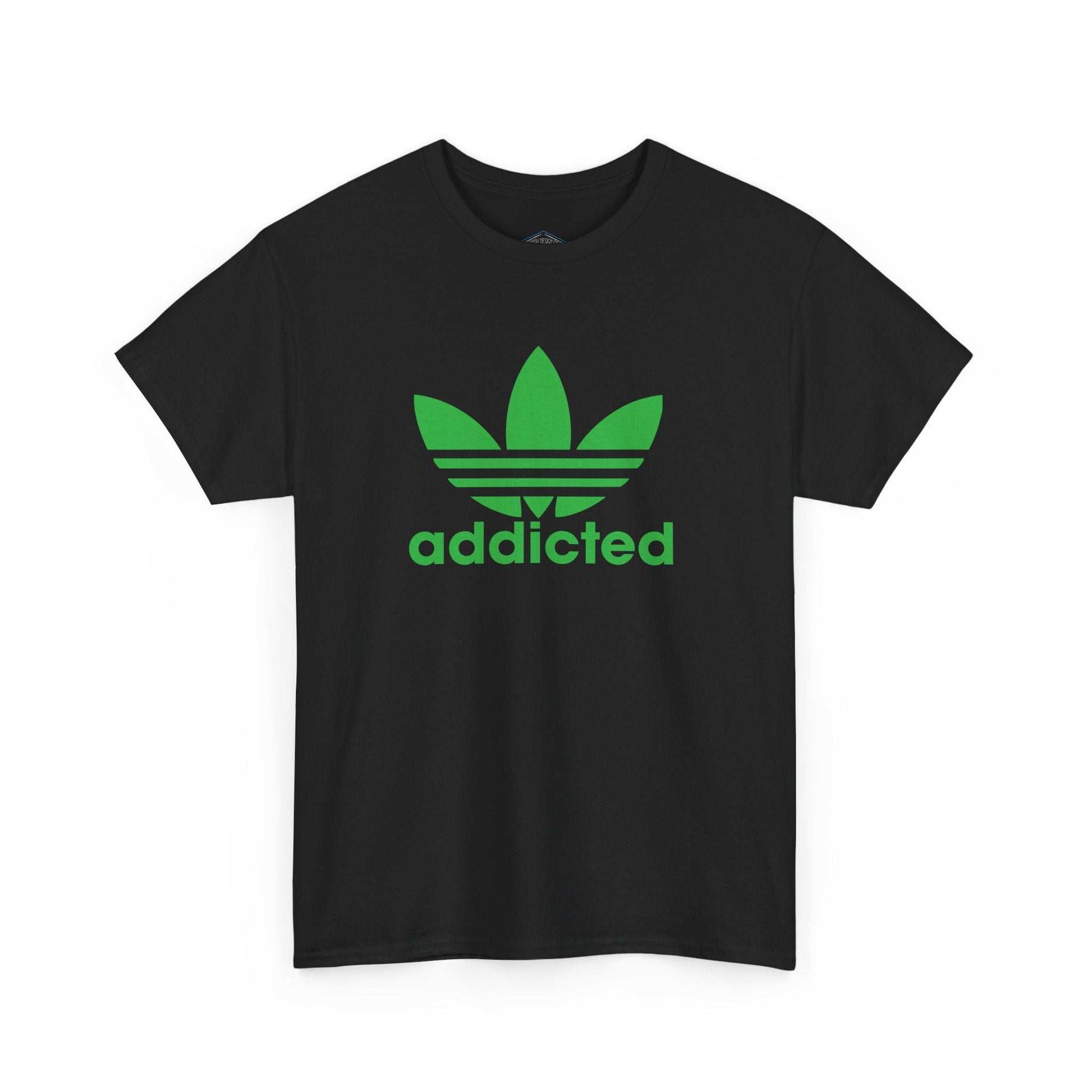 Black unisex T-shirt with green satire of Adidas-addicted logo printed on front