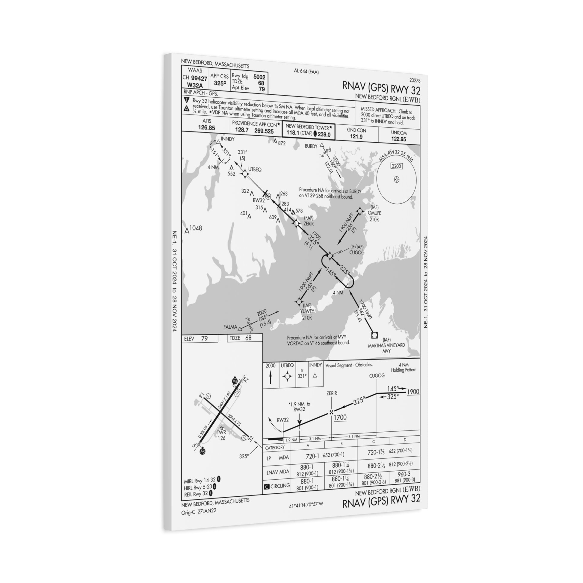 RNAV (GPS) RWY 23 Holding Pattern-(KEWB) New Bedford Regional-Matte Canvas, Stretched, 1.25"