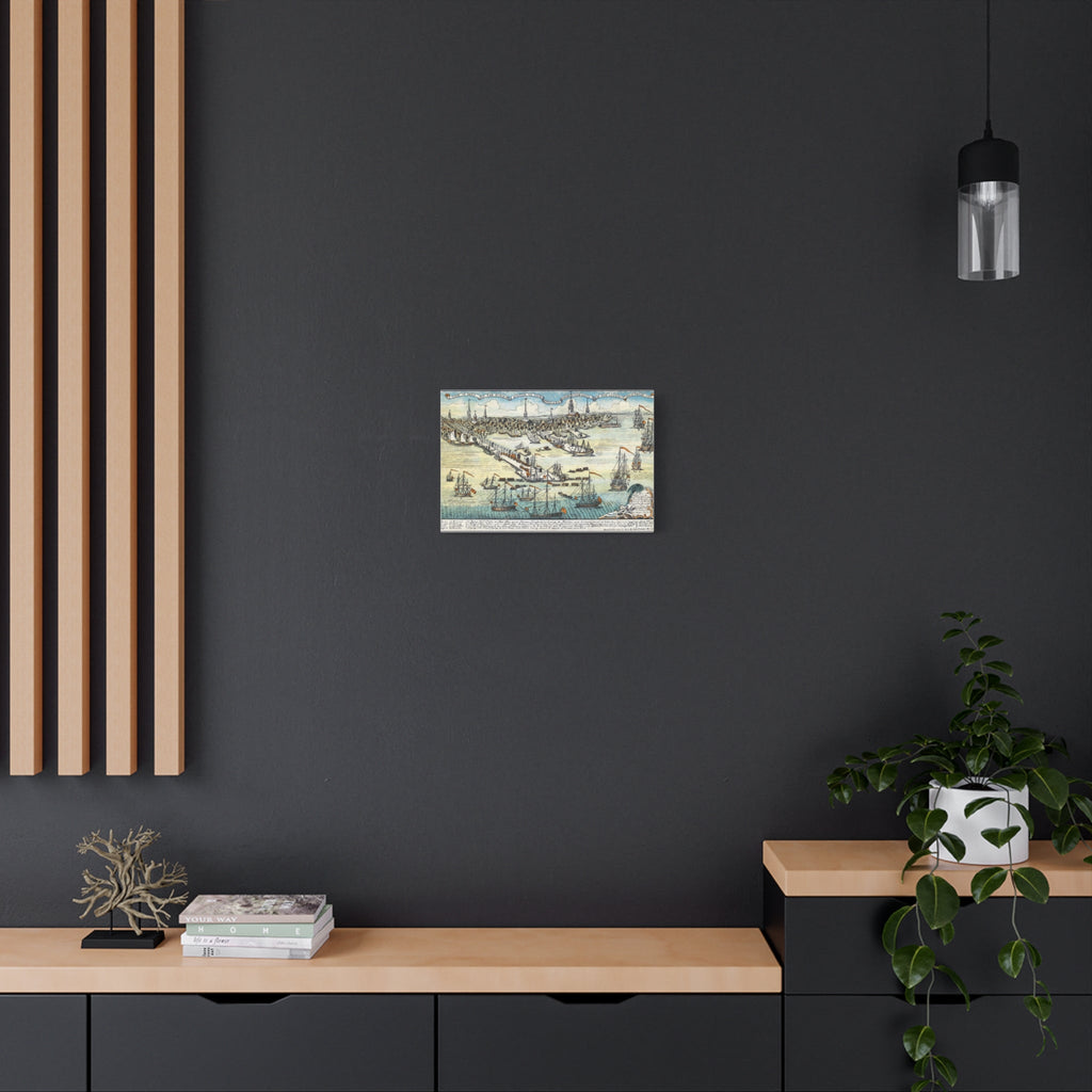 Vintage nautical canvas print of sailing ships and map on matte canvas in modern minimalist room decor