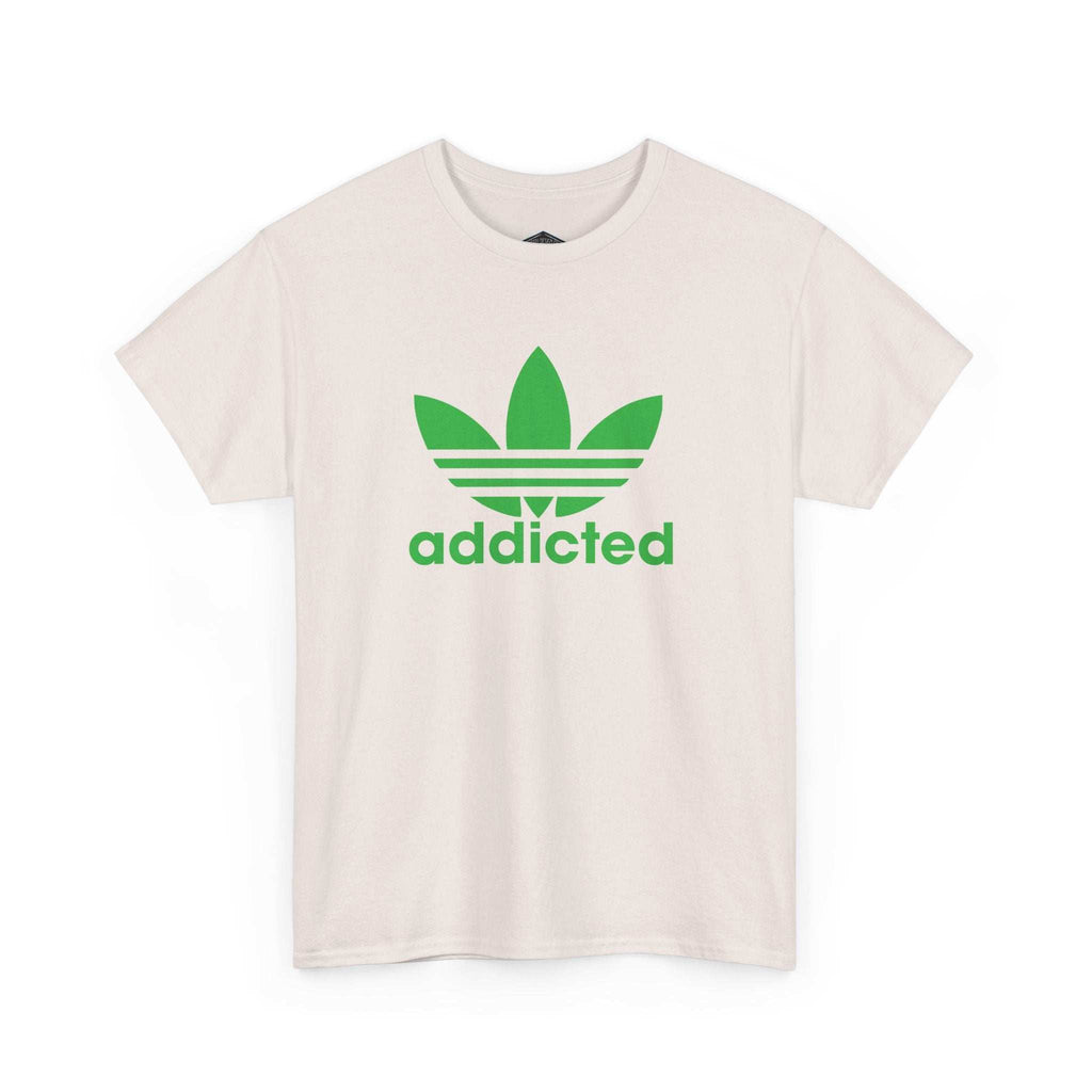 Unisex white T-shirt with green satire of Adidas-addicted logo print, made from 100% US cotton