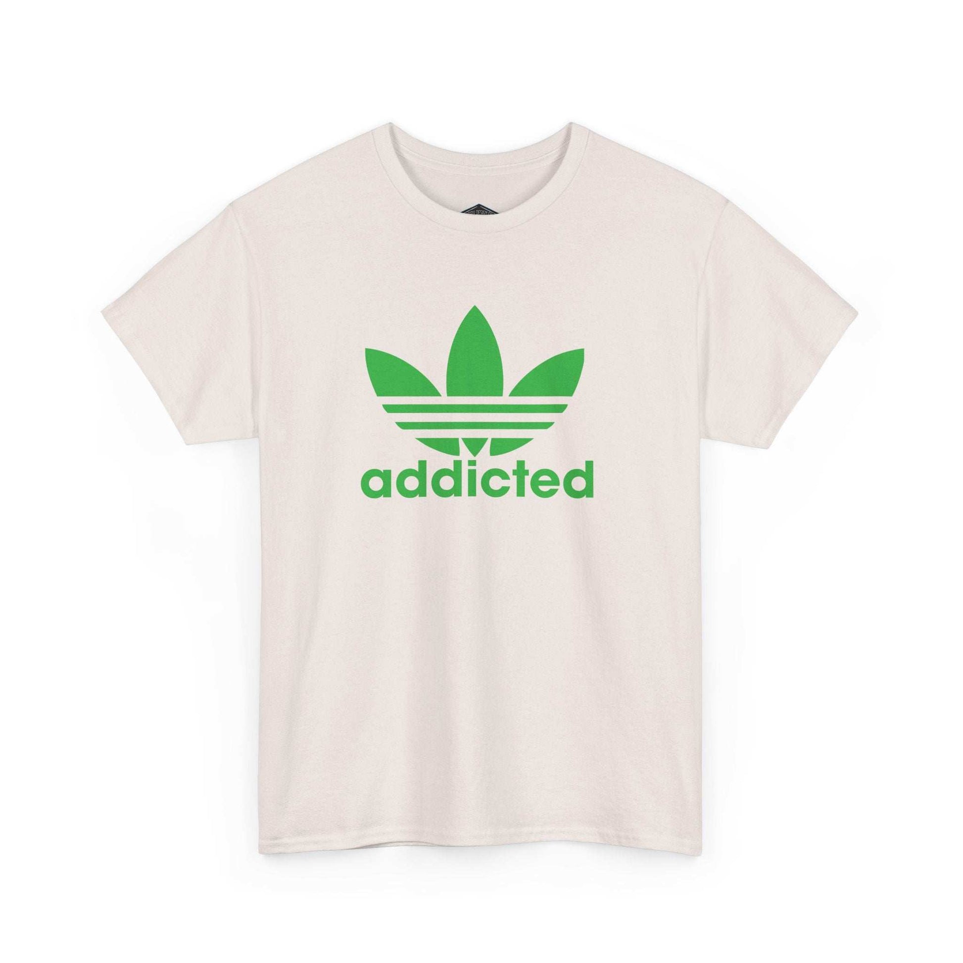 Unisex white T-shirt with green satire of Adidas-addicted logo print, made from 100% US cotton