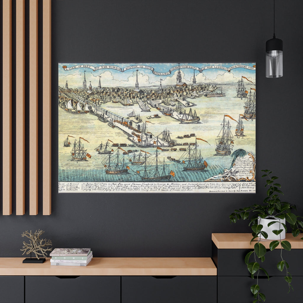 Vintage nautical canvas print featuring sailing ships and a historic map on a matte surface displayed in a modern room.