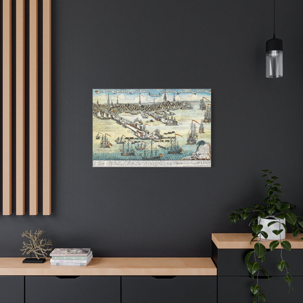 Vintage nautical wall art canvas print featuring sailing ships and map design in a matte finish on a dark gray wall.