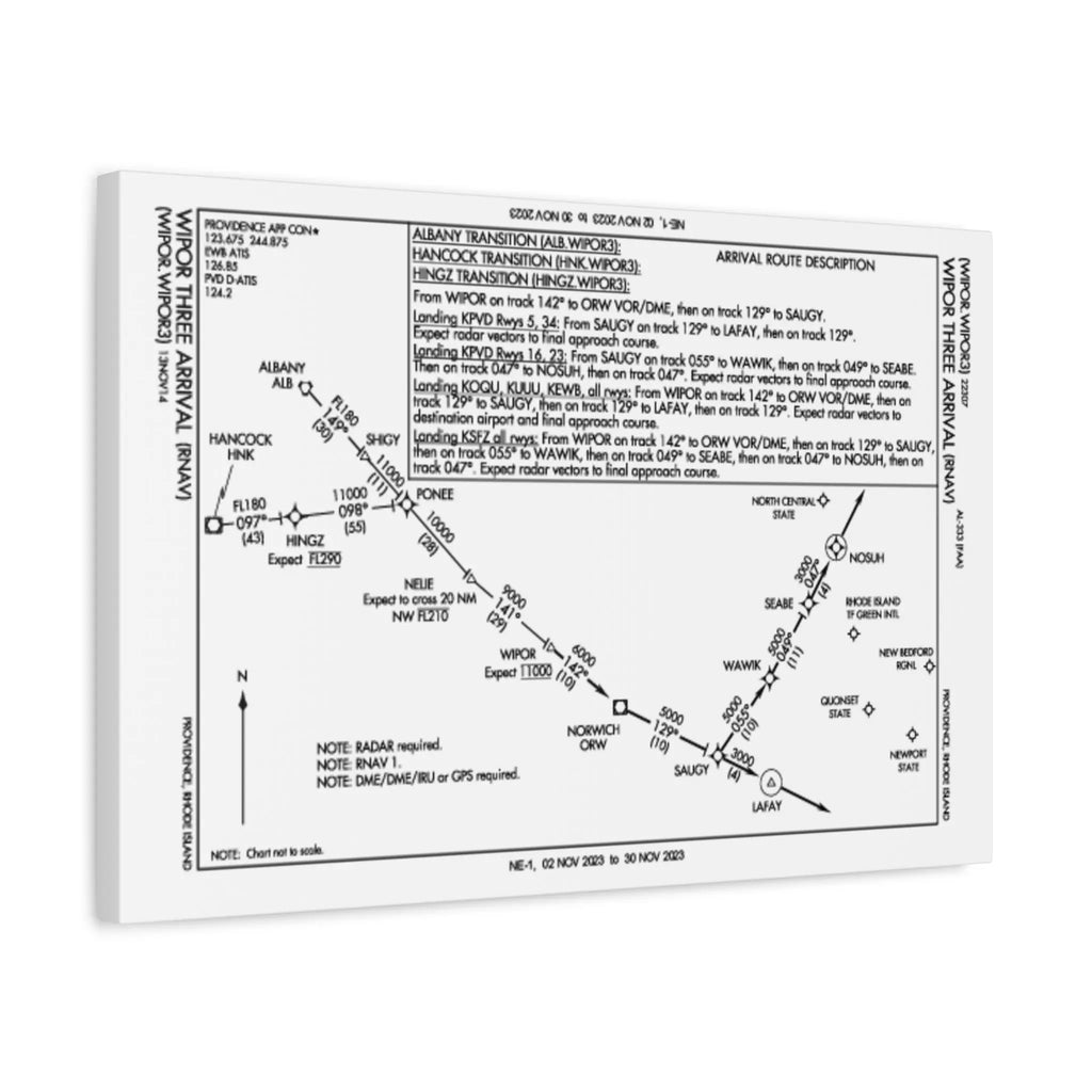 WIPOR3 RNAV Arrival to PVD on Matte Canvas, Stretched, 1.25" Printify