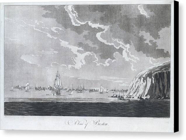 Misty Colonial Harbor canvas print depicting a vintage harbor scene with sailing ships and cliffs under a cloudy sky, stretched on a wooden frame and ready to hang.